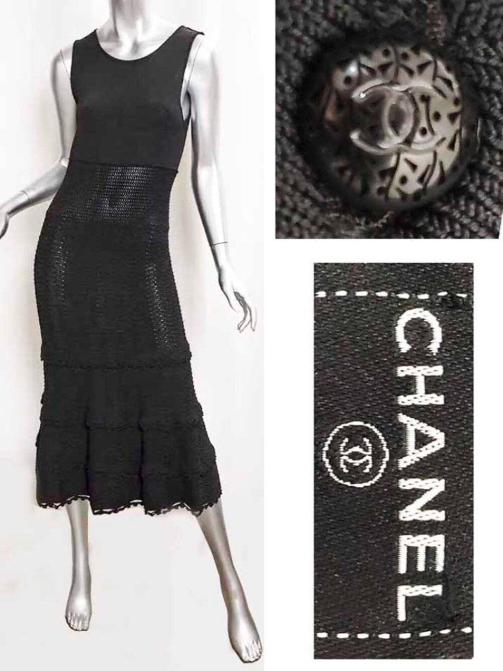 CHANEL 05P Womens Dress Black Knit Flapper Sleeveless Flared Skirt Back Button